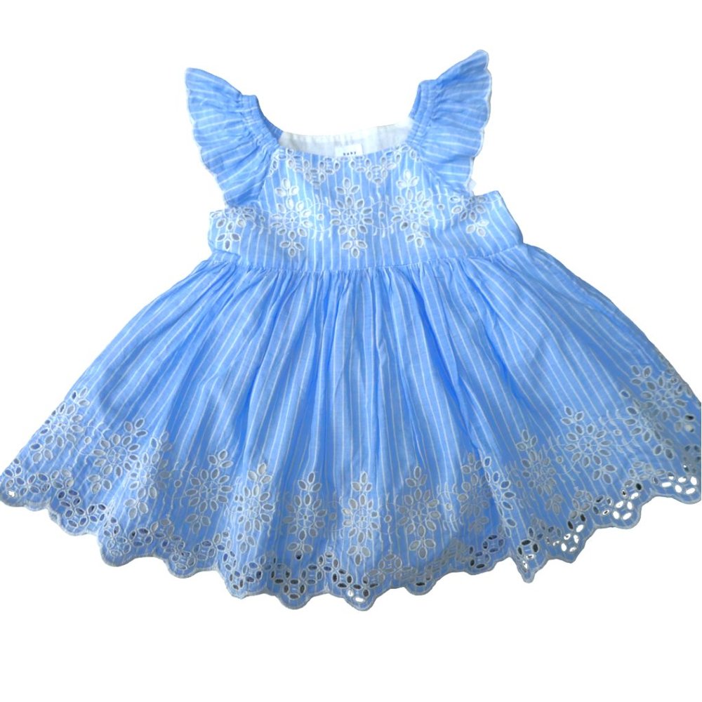 NEW Baby Gap Blue Dress Bloomer Set Striped Eyelet Lace Ruffles Lined 6-12months